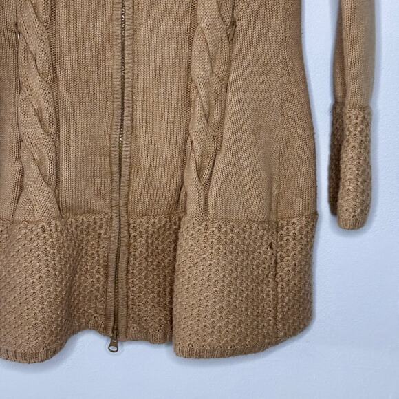 Athleta Cable Knit Zip Up Sweater Cardigan Hooded Camel Size Small Pre-Loved - Picture 16 of 16